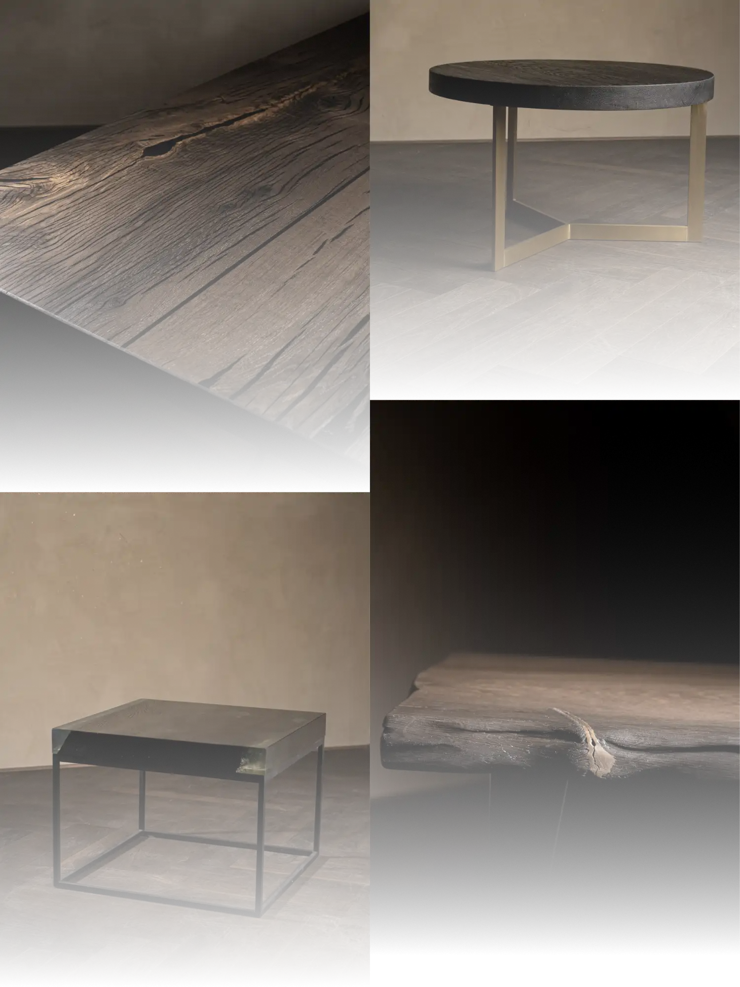 Verschiedene Tische mit Platten aus Mooreiche